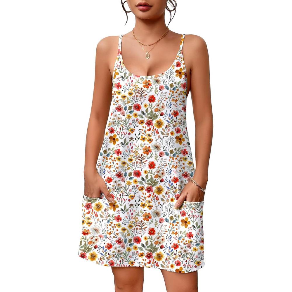 imageEkouaer Nightgowns for Women Cotton Sleepwear Sexy Sleep Shirt Adjustable Spaghetti Strap Night Gowns with Pockets S3XLLeaves and Flowers