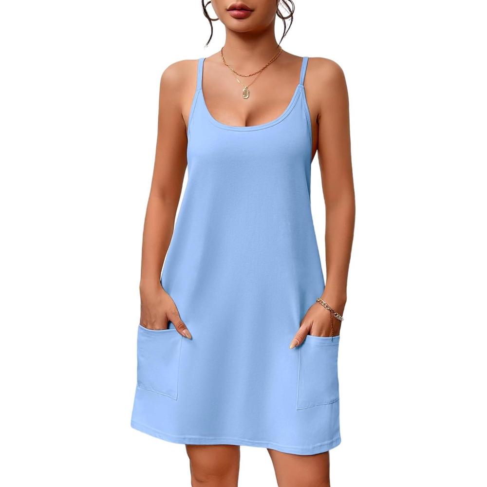 imageEkouaer Nightgowns for Women Cotton Sleepwear Sexy Sleep Shirt Adjustable Spaghetti Strap Night Gowns with Pockets S3XLLight Blue