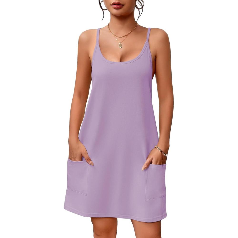 imageEkouaer Nightgowns for Women Cotton Sleepwear Sexy Sleep Shirt Adjustable Spaghetti Strap Night Gowns with Pockets S3XLLilac