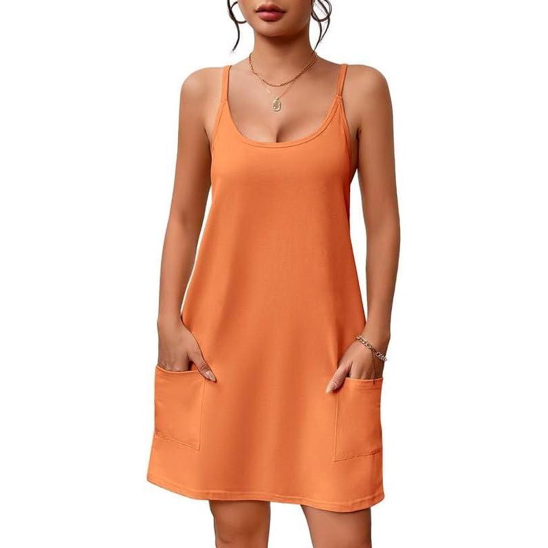 imageEkouaer Nightgowns for Women Cotton Sleepwear Sexy Sleep Shirt Adjustable Spaghetti Strap Night Gowns with Pockets S3XLOrange
