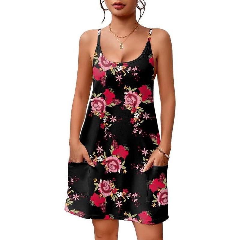 imageEkouaer Nightgowns for Women Cotton Sleepwear Sexy Sleep Shirt Adjustable Spaghetti Strap Night Gowns with Pockets S3XLPink Flower