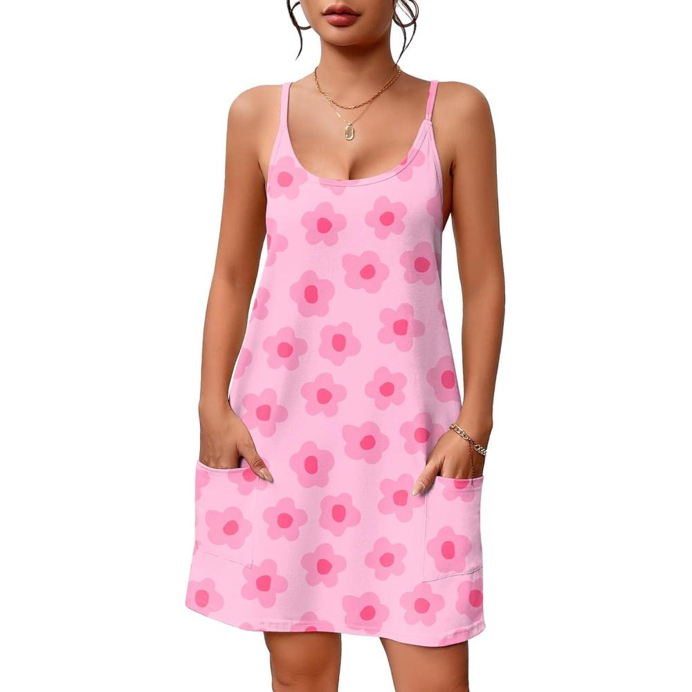 imageEkouaer Nightgowns for Women Cotton Sleepwear Sexy Sleep Shirt Adjustable Spaghetti Strap Night Gowns with Pockets S3XLPink Flowers