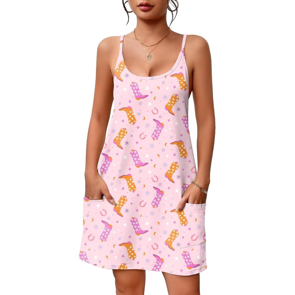 imageEkouaer Nightgowns for Women Cotton Sleepwear Sexy Sleep Shirt Adjustable Spaghetti Strap Night Gowns with Pockets S3XLPink Star