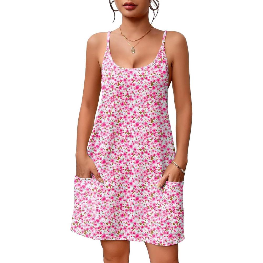 imageEkouaer Nightgowns for Women Cotton Sleepwear Sexy Sleep Shirt Adjustable Spaghetti Strap Night Gowns with Pockets S3XLPink and White Flower