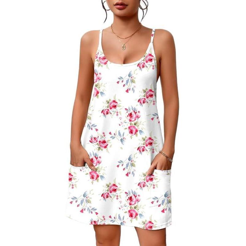 imageEkouaer Nightgowns for Women Cotton Sleepwear Sexy Sleep Shirt Adjustable Spaghetti Strap Night Gowns with Pockets S3XLRose Flower