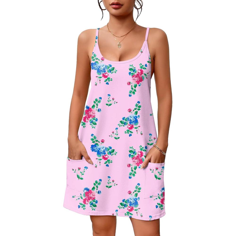 imageEkouaer Nightgowns for Women Cotton Sleepwear Sexy Sleep Shirt Adjustable Spaghetti Strap Night Gowns with Pockets S3XLRose Flowers