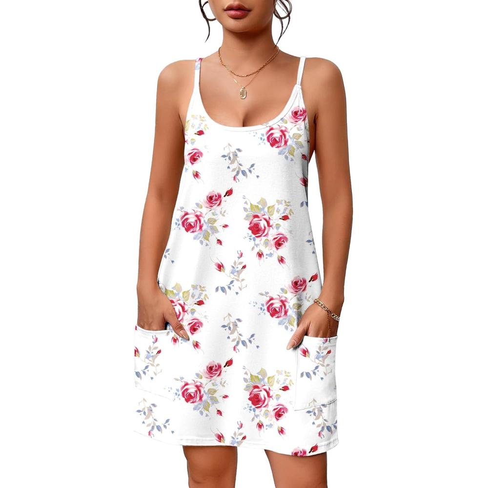imageEkouaer Nightgowns for Women Cotton Sleepwear Sexy Sleep Shirt Adjustable Spaghetti Strap Night Gowns with Pockets S3XLRoses