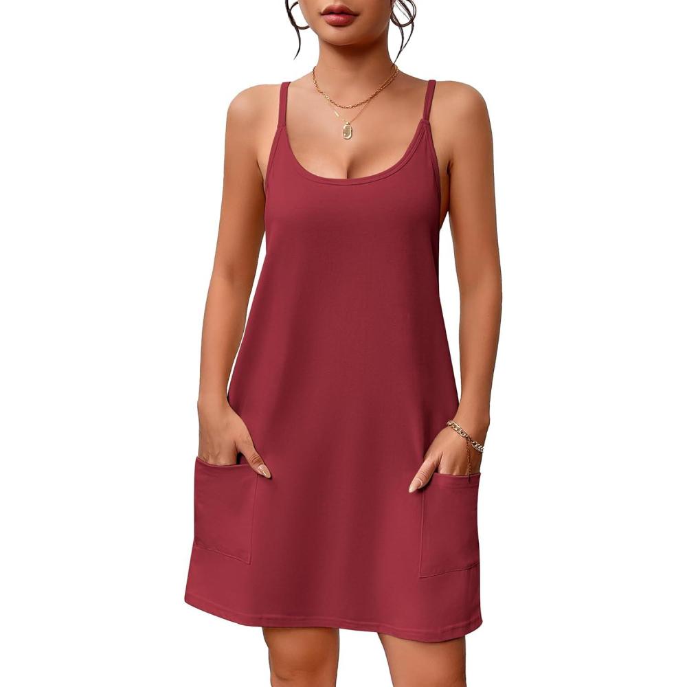 imageEkouaer Nightgowns for Women Cotton Sleepwear Sexy Sleep Shirt Adjustable Spaghetti Strap Night Gowns with Pockets S3XLWine Red