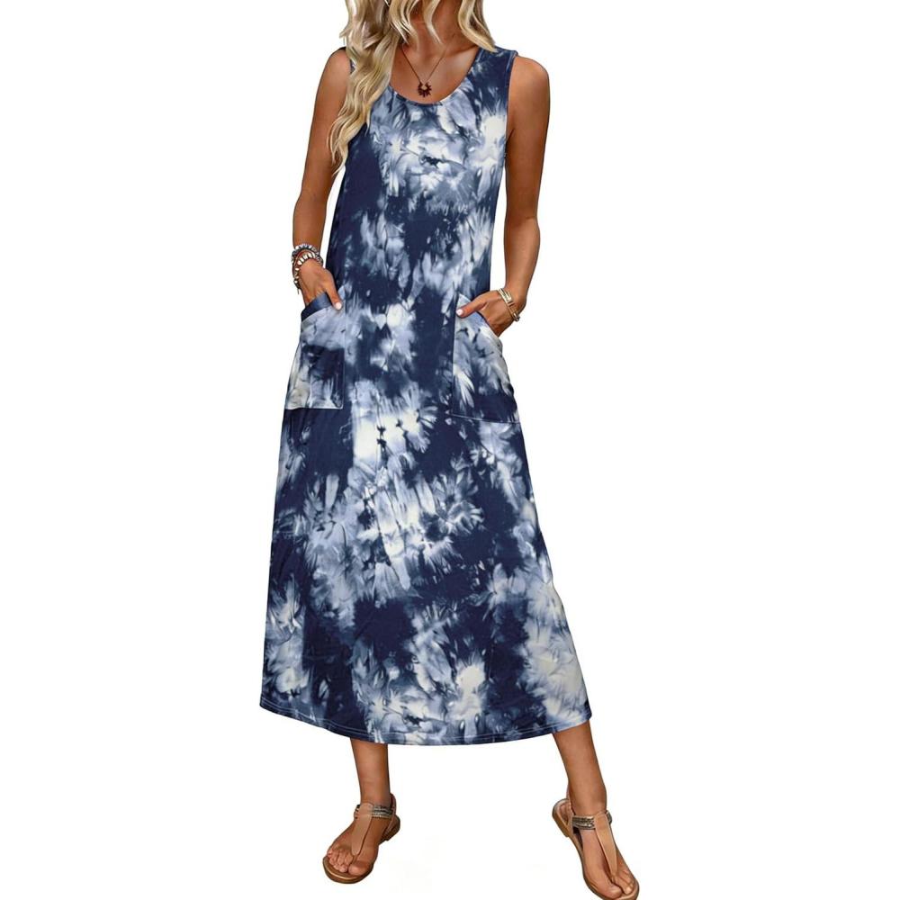imageEkouaer Nightgowns for Women Sleeveless Sleepshirt Long Print House Dress Tank Nightshirt Maxi Casual Dress with PocketsTie Dye Blue2
