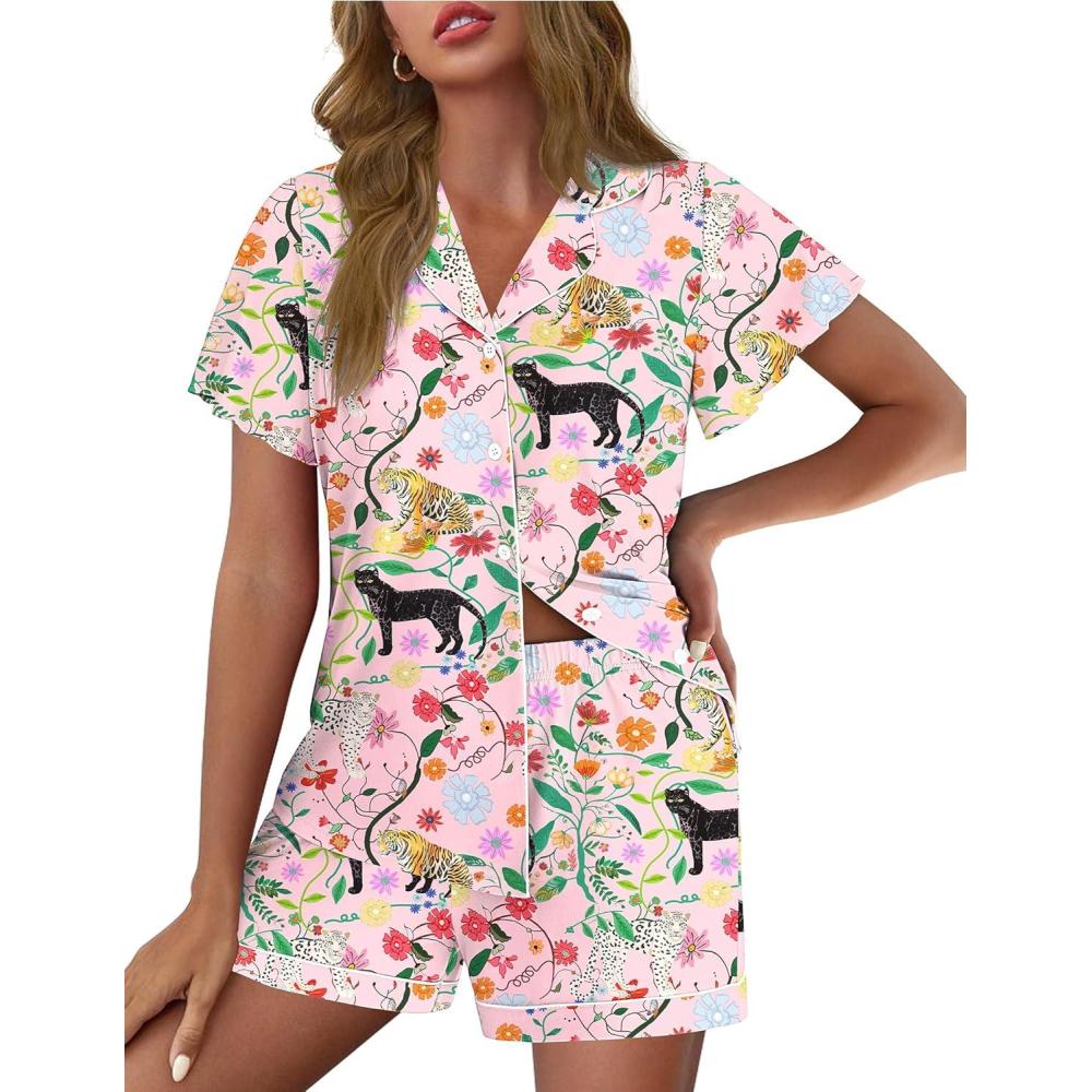 imageEkouaer Pajamas for Women Set Button Up Pjs Short Sleeve Ruffle Sleepwear Notch Collar Bride Soft Pj Lounge Sets SXXLPink Leopard