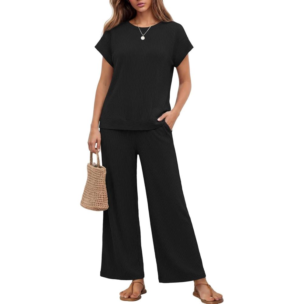 imageEkouaer Two Piece Sets for Women 2026 Travel Outfits Short Sleeve Top Wide Leg Pants Rib Tracksuits Summer Fashion Lounge SetBlack
