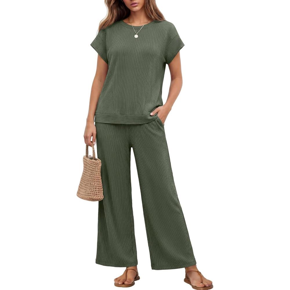 imageEkouaer Two Piece Sets for Women 2026 Travel Outfits Short Sleeve Top Wide Leg Pants Rib Tracksuits Summer Fashion Lounge SetDark Olive Green