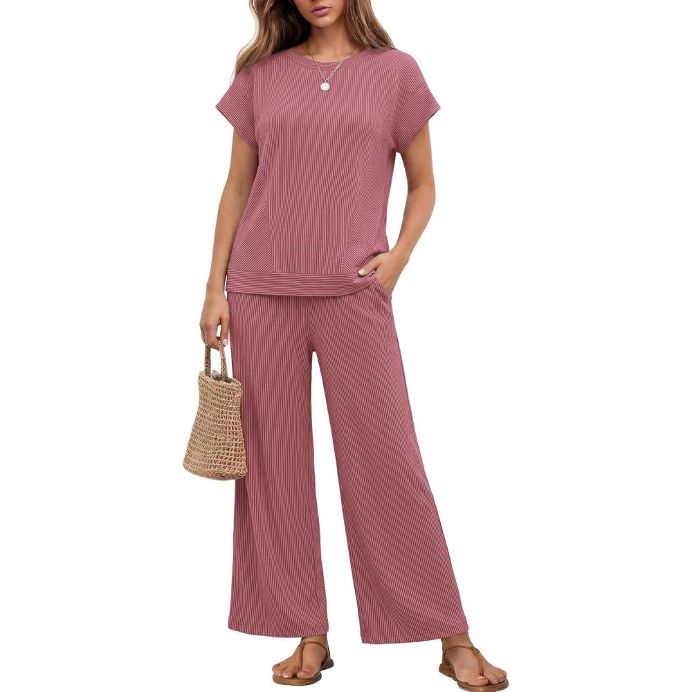 imageEkouaer Two Piece Sets for Women 2026 Travel Outfits Short Sleeve Top Wide Leg Pants Rib Tracksuits Summer Fashion Lounge SetDark Pink