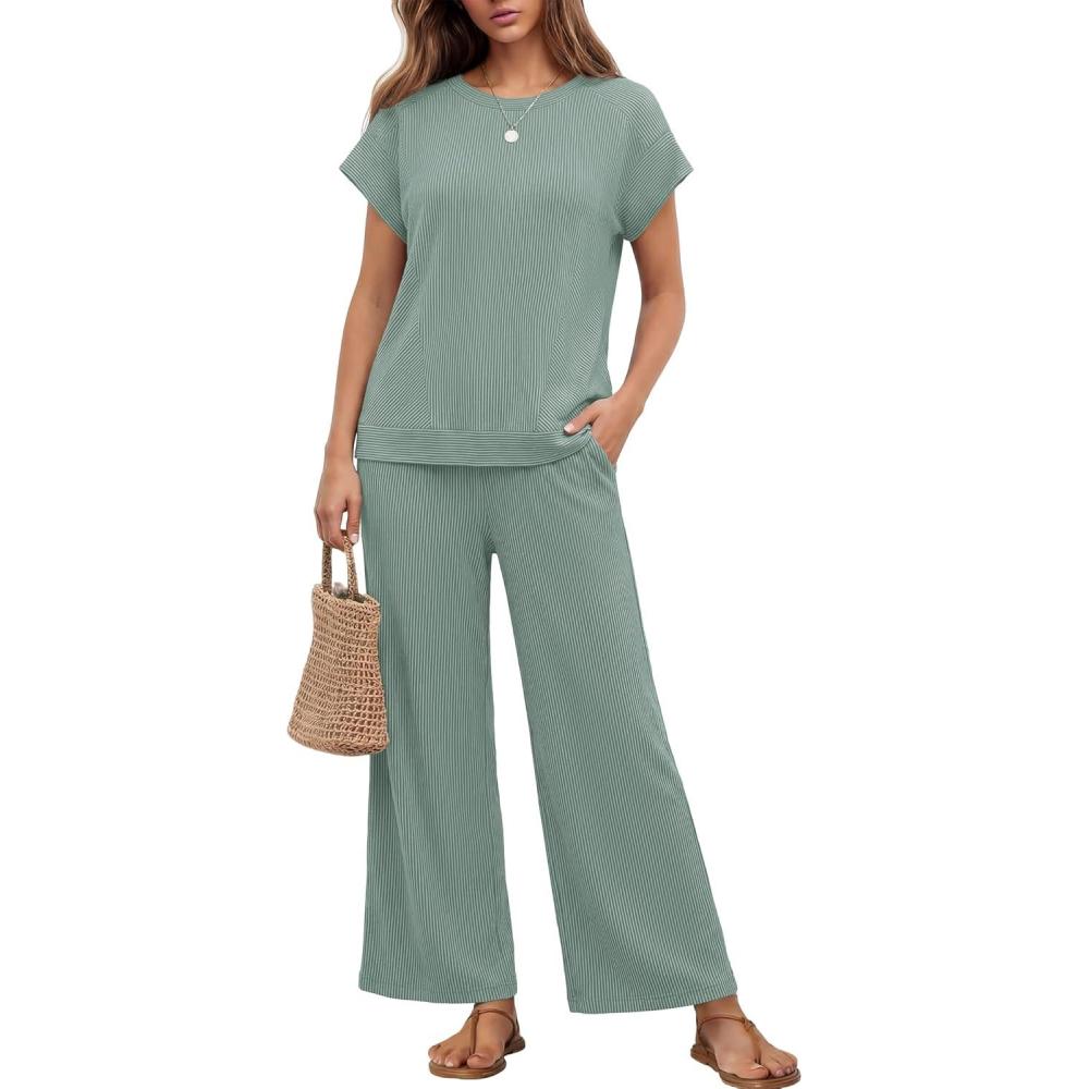 imageEkouaer Two Piece Sets for Women 2026 Travel Outfits Short Sleeve Top Wide Leg Pants Rib Tracksuits Summer Fashion Lounge SetGlacial Green