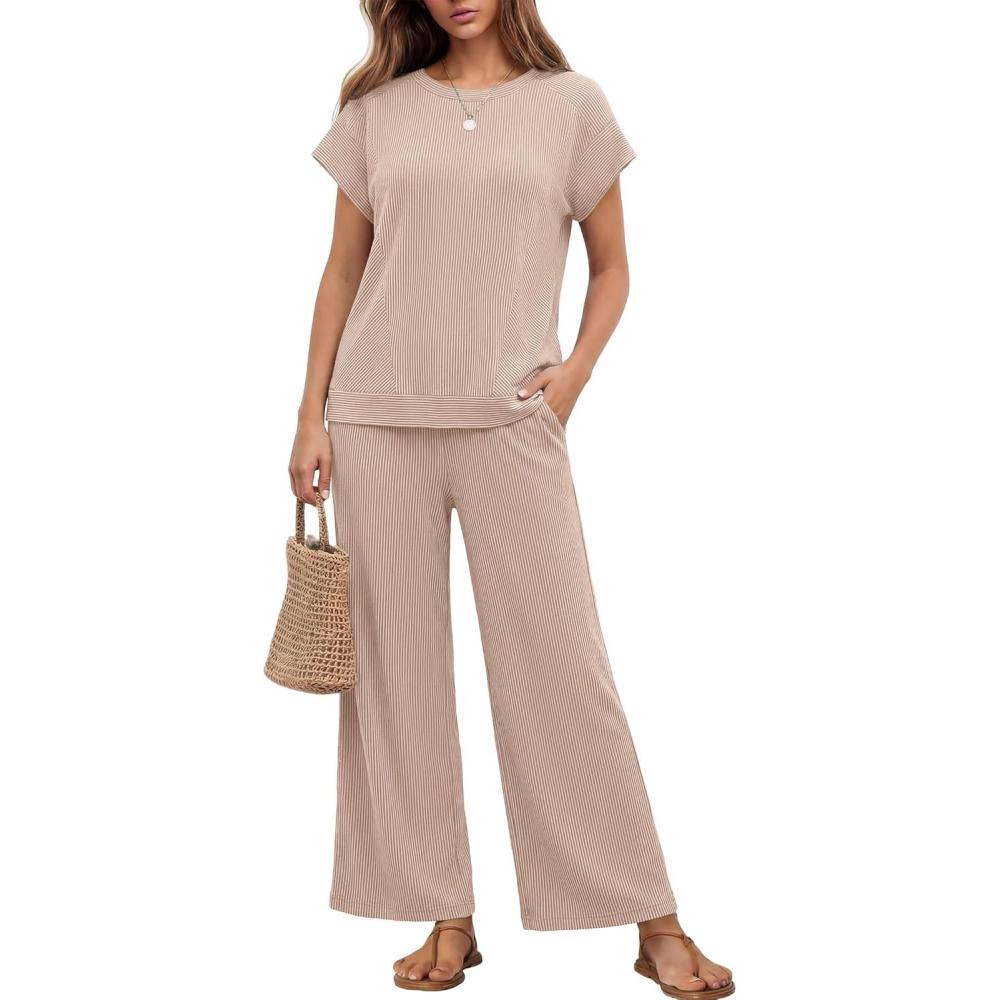 imageEkouaer Two Piece Sets for Women 2026 Travel Outfits Short Sleeve Top Wide Leg Pants Rib Tracksuits Summer Fashion Lounge SetLight Khaki
