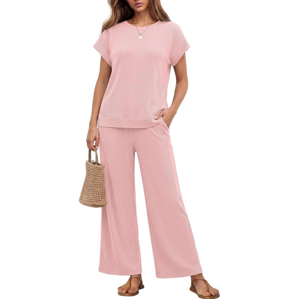 imageEkouaer Two Piece Sets for Women 2026 Travel Outfits Short Sleeve Top Wide Leg Pants Rib Tracksuits Summer Fashion Lounge SetLight Pink