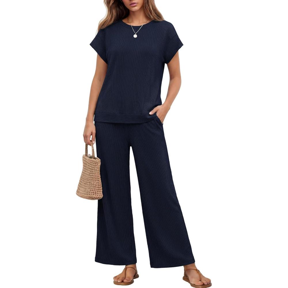 imageEkouaer Two Piece Sets for Women 2026 Travel Outfits Short Sleeve Top Wide Leg Pants Rib Tracksuits Summer Fashion Lounge SetNavy Blue