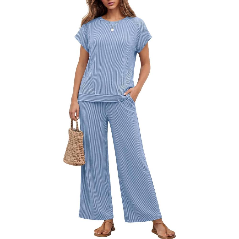 imageEkouaer Two Piece Sets for Women 2026 Travel Outfits Short Sleeve Top Wide Leg Pants Rib Tracksuits Summer Fashion Lounge SetSky Blue