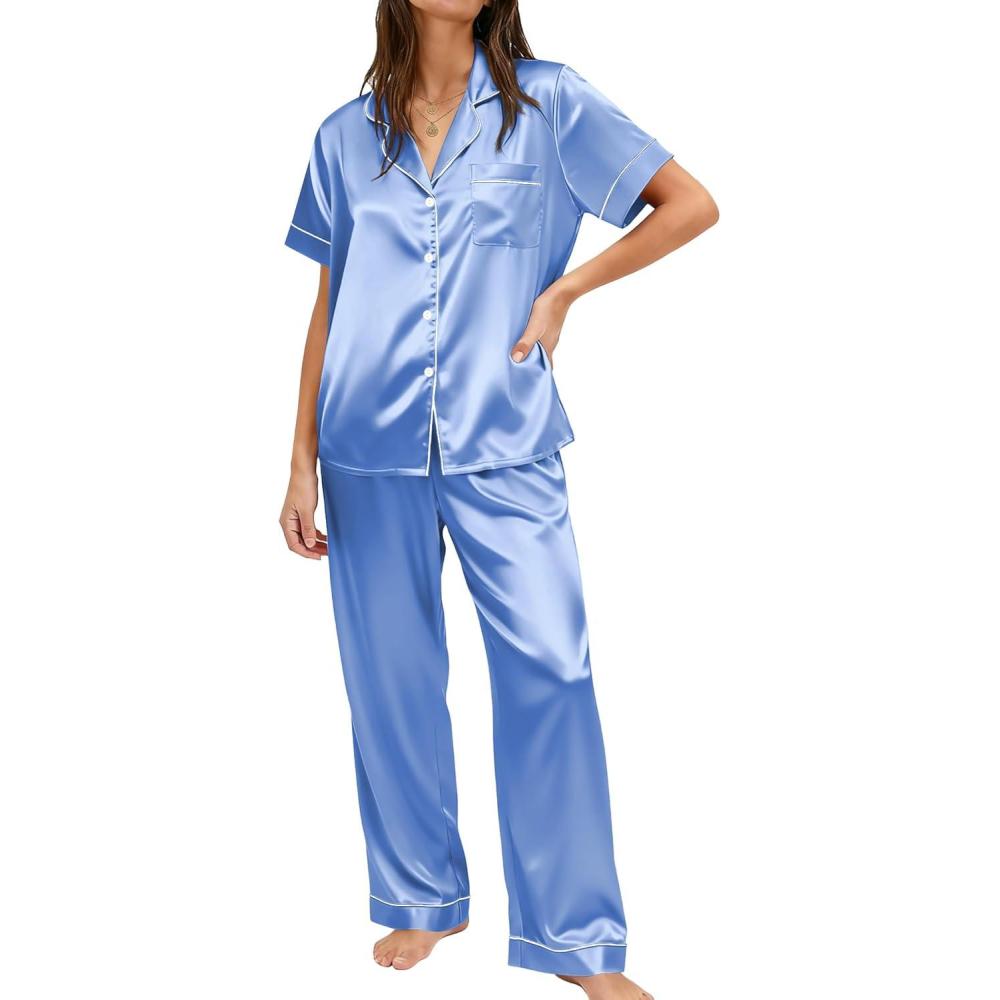 imageEkouaer Womens Silky Satin Pajamas Set Short Sleeve Button Down Sleepwear 2 Piece Lounge Set Pj SetBlue