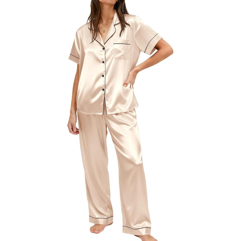 imageEkouaer Womens Silky Satin Pajamas Set Short Sleeve Button Down Sleepwear 2 Piece Lounge Set Pj SetChampagne
