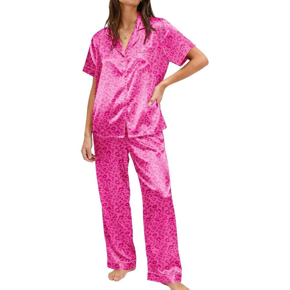 imageEkouaer Womens Silky Satin Pajamas Set Short Sleeve Button Down Sleepwear 2 Piece Lounge Set Pj SetHot Pink Leopard