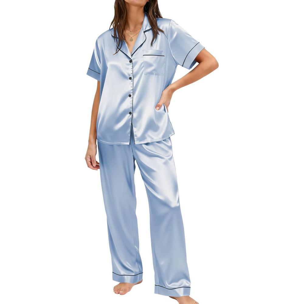 imageEkouaer Womens Silky Satin Pajamas Set Short Sleeve Button Down Sleepwear 2 Piece Lounge Set Pj SetLight Blue