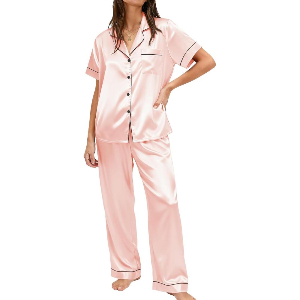 imageEkouaer Womens Silky Satin Pajamas Set Short Sleeve Button Down Sleepwear 2 Piece Lounge Set Pj SetLight Pink