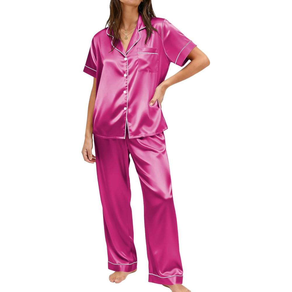 imageEkouaer Womens Silky Satin Pajamas Set Short Sleeve Button Down Sleepwear 2 Piece Lounge Set Pj SetRose Red