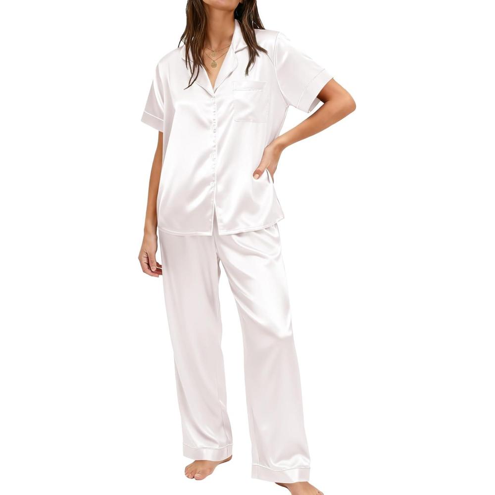imageEkouaer Womens Silky Satin Pajamas Set Short Sleeve Button Down Sleepwear 2 Piece Lounge Set Pj SetWhite