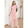 Ekouaer Two Piece Sets for Women 2026 Travel Outfits Short Sleeve Top Wide Leg Pants Rib Tracksuits Summer Fashion Lounge Set(Light Pink)
