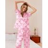Ekouaer Womens Silky Satin Pajamas Set Short Sleeve Button Down Sleepwear 2 Piece Lounge Set Pj Set(Pink Bow Knot)