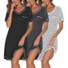 Ekouaer 3 Pack Nightgowns for Women Short Sleeve Sleep Shirts T Shirt Night Gown V Neck Nightshirts Soft Sleepwear Dress(Black/Dark Grey/Light Grey Stripes)