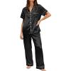 Ekouaer Womens Silky Satin Pajamas Set Short Sleeve Button Down Sleepwear 2 Piece Lounge Set Pj Set(Black)