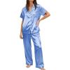 Ekouaer Womens Silky Satin Pajamas Set Short Sleeve Button Down Sleepwear 2 Piece Lounge Set Pj Set(Blue)