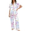 Ekouaer Womens Silky Satin Pajamas Set Short Sleeve Button Down Sleepwear 2 Piece Lounge Set Pj Set(Colorful Bow Knot)