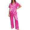 Ekouaer Womens Silky Satin Pajamas Set Short Sleeve Button Down Sleepwear 2 Piece Lounge Set Pj Set(Hot Pink Leopard)