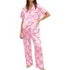 Ekouaer Womens Silky Satin Pajamas Set Short Sleeve Button Down Sleepwear 2 Piece Lounge Set Pj Set(Pink Bow Knot)