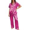 Ekouaer Womens Silky Satin Pajamas Set Short Sleeve Button Down Sleepwear 2 Piece Lounge Set Pj Set(Rose Red)