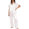 Ekouaer Womens Silky Satin Pajamas Set Short Sleeve Button Down Sleepwear 2 Piece Lounge Set Pj Set(White)