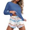 Ekouaer Womens Waffle Knit Pajama Sets Long Sleeve Top and Shorts Matching Lounge Set Loungewear Sweatsuit with Pockets(Blue Tie-dye)