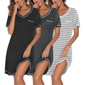 Ekouaer 3 Pack Nightgowns for Women Short Sleeve Sleep Shirts T Shirt Night Gown V Neck Nightshirts Soft Sleepwear Dress(Black/Dark Grey/Light Grey Stripes)