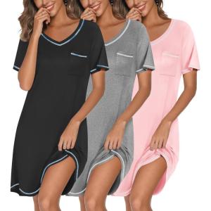 Ekouaer 3 Pack Nightgowns for Women Short Sleeve Sleep Shirts T Shirt Night Gown V Neck Nightshirts Soft Sleepwear Dress(Black/Grey/Pink)