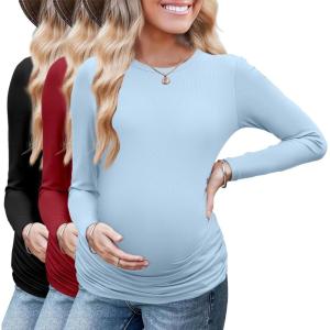 Ekouaer Maternity Long Sleeve Shirt 3Packs Round Neck Pregnancy Tops Casual Tee Top Shirts(Black/Dark Red/Wine Red)