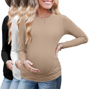 Ekouaer Maternity Long Sleeve Shirt 3Packs Round Neck Pregnancy Tops Casual Tee Top Shirts(Black/White/Khaki)
