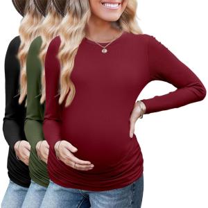 Ekouaer Maternity Long Sleeve Shirt 3Packs Round Neck Pregnancy Tops Casual Tee Top Shirts(Black/Wine Red/Army Green)