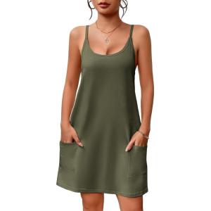 Ekouaer Nightgowns for Women Cotton Sleepwear Sexy Sleep Shirt Adjustable Spaghetti Strap Night Gowns with Pockets S-3XL(Army Green)