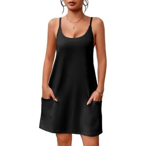 Ekouaer Nightgowns for Women Cotton Sleepwear Sexy Sleep Shirt Adjustable Spaghetti Strap Night Gowns with Pockets S-3XL(Black)