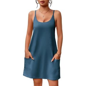 Ekouaer Nightgowns for Women Cotton Sleepwear Sexy Sleep Shirt Adjustable Spaghetti Strap Night Gowns with Pockets S-3XL(Blue Green)