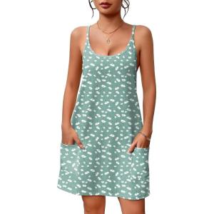 Ekouaer Nightgowns for Women Cotton Sleepwear Sexy Sleep Shirt Adjustable Spaghetti Strap Night Gowns with Pockets S-3XL(Green White Flower)