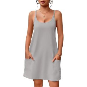 Ekouaer Nightgowns for Women Cotton Sleepwear Sexy Sleep Shirt Adjustable Spaghetti Strap Night Gowns with Pockets S-3XL(Light Grey)